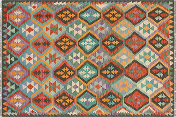 Flat Weave Kilim, Antique, Navaho, Vintage, Handmade, Geometric Kilim Rust Green Hand-Woven Rectangle 100% Wool Area Rug 6 x 8